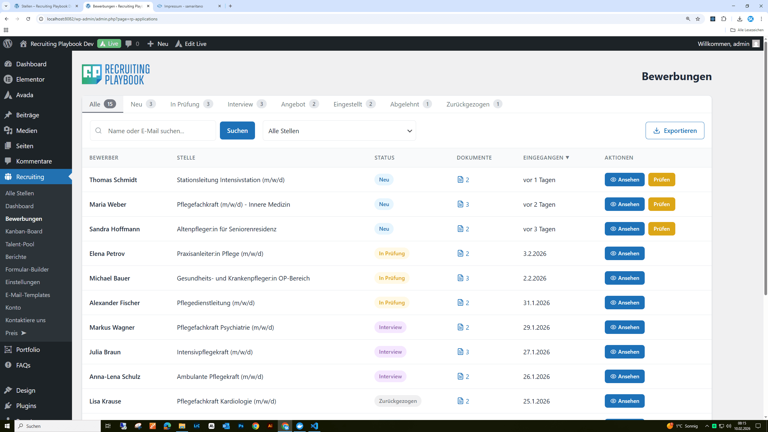 Recruiting Playbook - Bewerbungen Übersicht